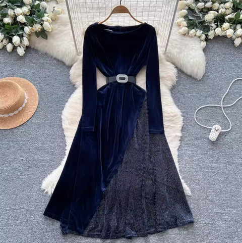 Irregular Design Velvet Patchwork Dress