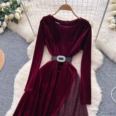 Irregular Design Velvet Patchwork Dress