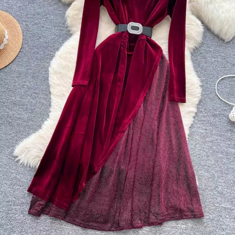 Irregular Design Velvet Patchwork Dress