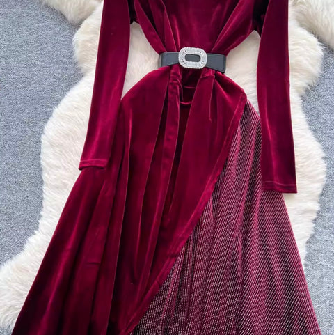 Irregular Design Velvet Patchwork Dress
