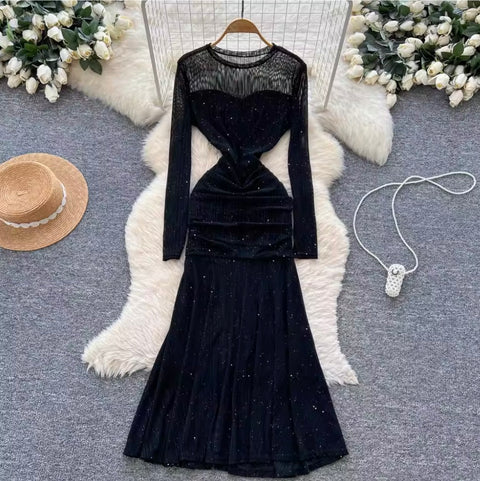 Elegant Mesh Patchwork Fishtail Dress