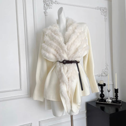 Premium Furry Collar Tweed Cardigan