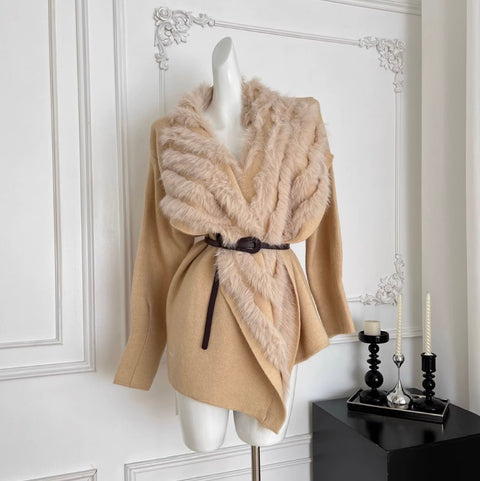 Premium Furry Collar Tweed Cardigan