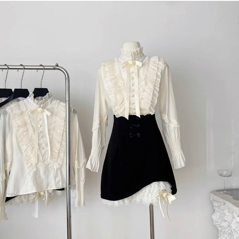 Ruffled Shirt & Black Skirt OL 2Pcs
