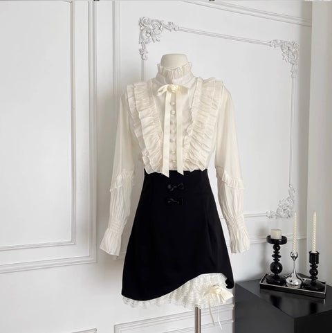 Ruffled Shirt & Black Skirt OL 2Pcs