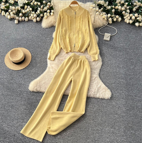 Fringed Knitwear & Wide-leg Trousers 2Pcs