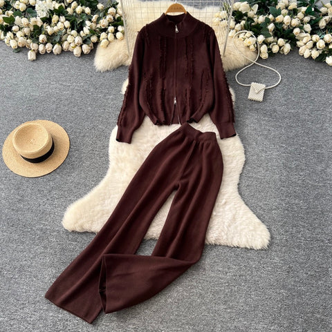 Fringed Knitwear & Wide-leg Trousers 2Pcs
