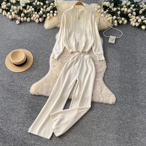 Fringed Knitwear & Wide-leg Trousers 2Pcs