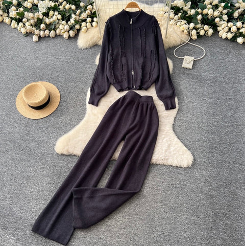 Fringed Knitwear & Wide-leg Trousers 2Pcs