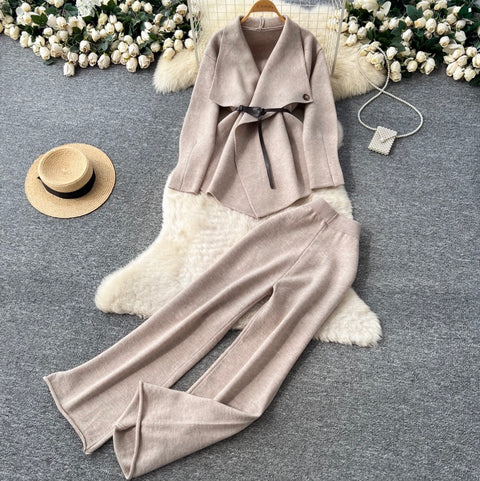 Lapeled Cardigan & Trousers Knitted 2Pcs