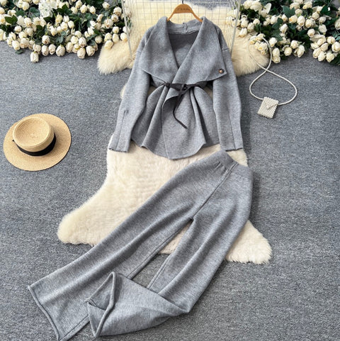 Lapeled Cardigan & Trousers Knitted 2Pcs