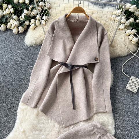 Lapeled Cardigan & Trousers Knitted 2Pcs