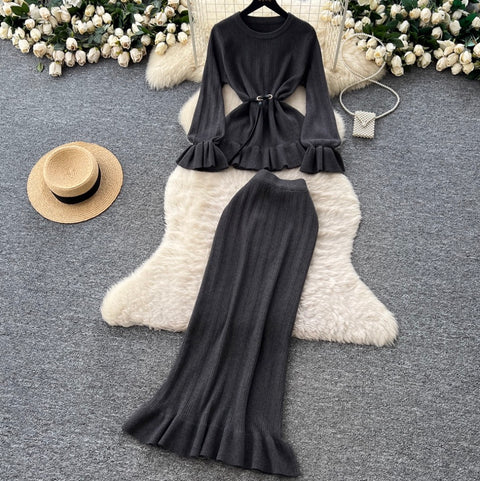 Ruffled Sweater & Skirt Knitted 2Pcs