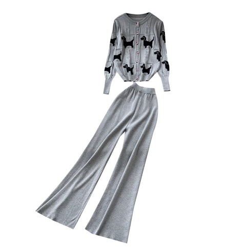 Print Cardigan & Wide-leg Trousers 2Pcs