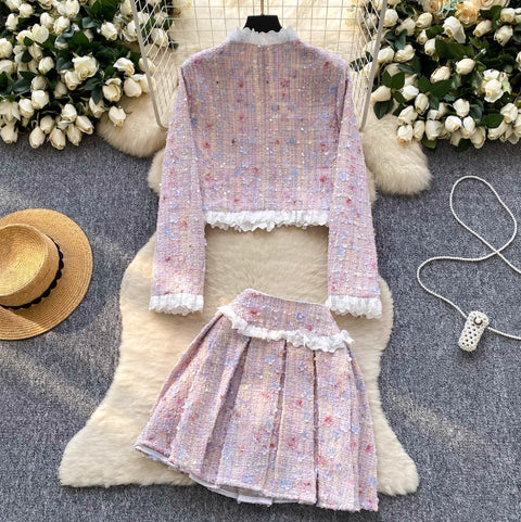 Rhinestone Studded Blazer & Skirt 2Pcs