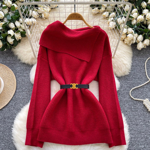 Niche Slant Lapeled Neckline Sweater