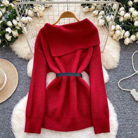 Niche Slant Lapeled Neckline Sweater