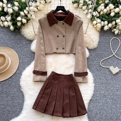 Patchwork Blazer & Pleated Skirt 2Pcs