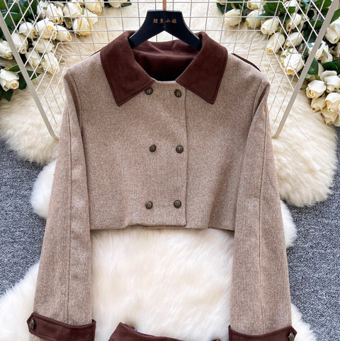 Patchwork Blazer & Pleated Skirt 2Pcs