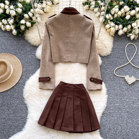 Patchwork Blazer & Pleated Skirt 2Pcs