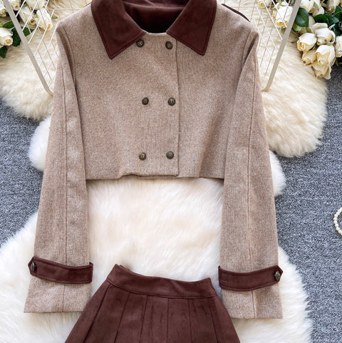 Patchwork Blazer & Pleated Skirt 2Pcs