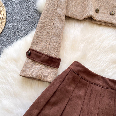 Patchwork Blazer & Pleated Skirt 2Pcs