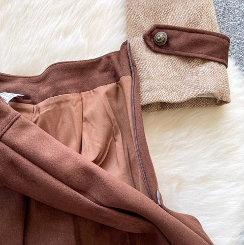 Patchwork Blazer & Pleated Skirt 2Pcs