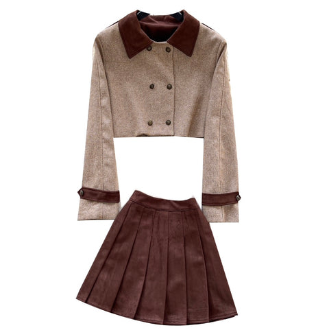 Patchwork Blazer & Pleated Skirt 2Pcs