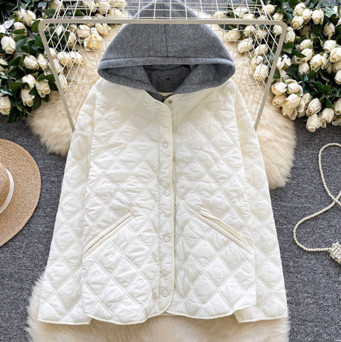 Rhombus Grid Hooded Cotton Jacket