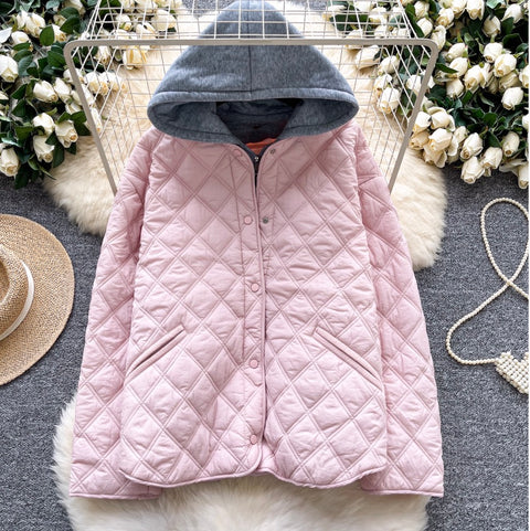 Rhombus Grid Hooded Cotton Jacket