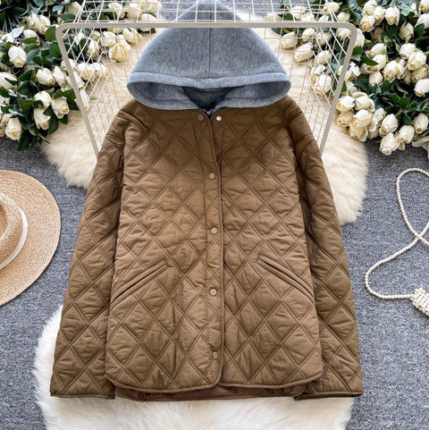 Rhombus Grid Hooded Cotton Jacket