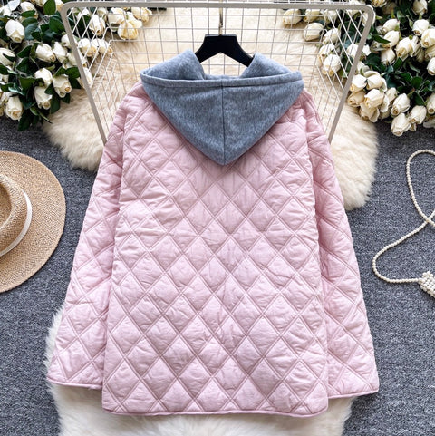 Rhombus Grid Hooded Cotton Jacket