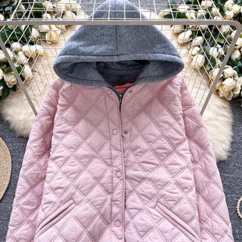 Rhombus Grid Hooded Cotton Jacket