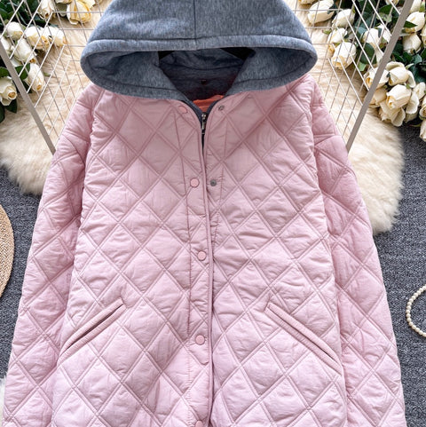 Rhombus Grid Hooded Cotton Jacket