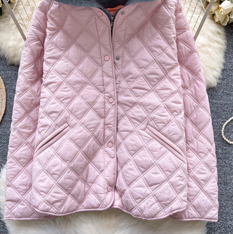 Rhombus Grid Hooded Cotton Jacket