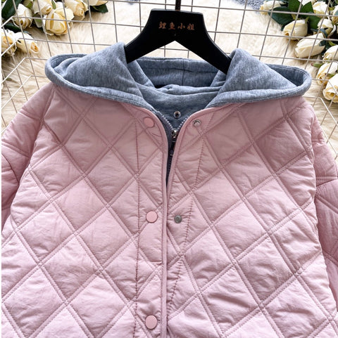 Rhombus Grid Hooded Cotton Jacket