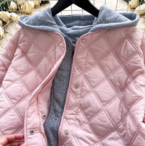 Rhombus Grid Hooded Cotton Jacket