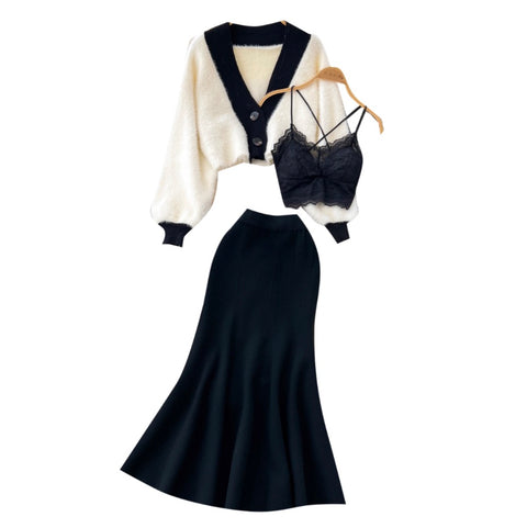 Cardigan & Lace Vest & Skirt Knitted 3Pcs