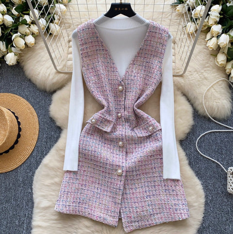 Tweed Vest Dress & Knitwear 2Pcs