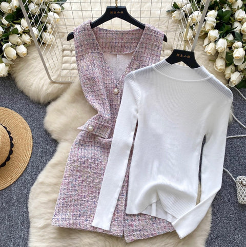 Tweed Vest Dress & Knitwear 2Pcs