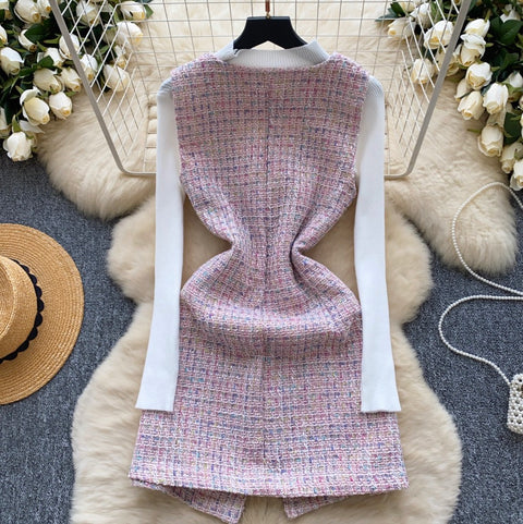 Tweed Vest Dress & Knitwear 2Pcs