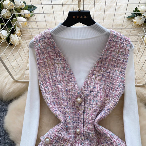 Tweed Vest Dress & Knitwear 2Pcs
