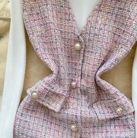 Tweed Vest Dress & Knitwear 2Pcs
