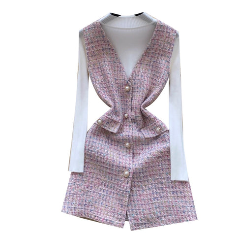 Tweed Vest Dress & Knitwear 2Pcs
