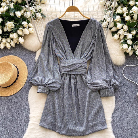 V-neck Flared Sleeve Shiny Dress