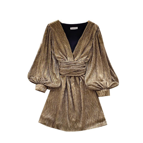 V-neck Flared Sleeve Shiny Dress
