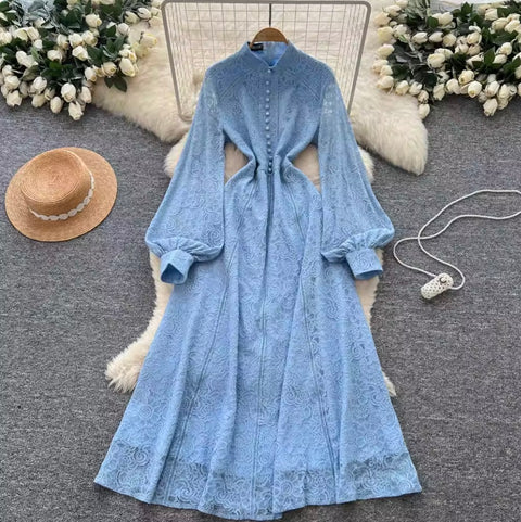 Courtly Single-breasted Lace Dress