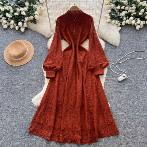 Courtly Single-breasted Lace Dress