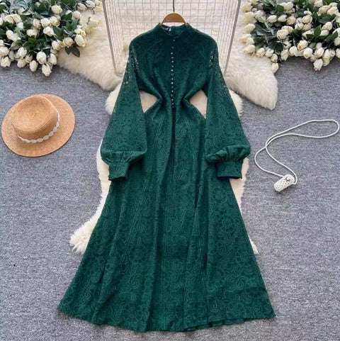 Courtly Single-breasted Lace Dress