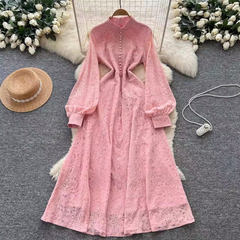 Courtly Single-breasted Lace Dress